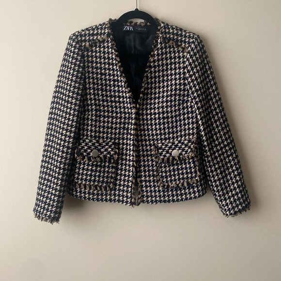 Zara Wool Tweed Houndstooth Boxy Fringe Hem Blazer Neutral Jacket size Small - Picture 6 of 13